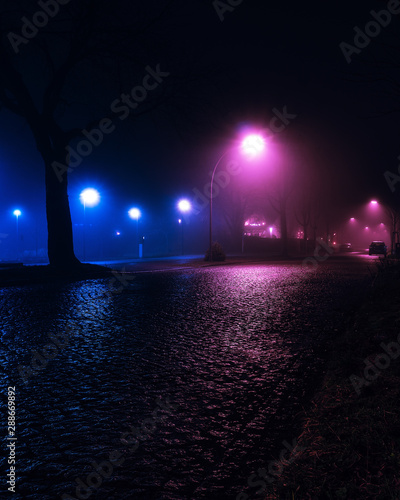 Nebel auf der Straße in Stimmungsvoller Neon Farbe