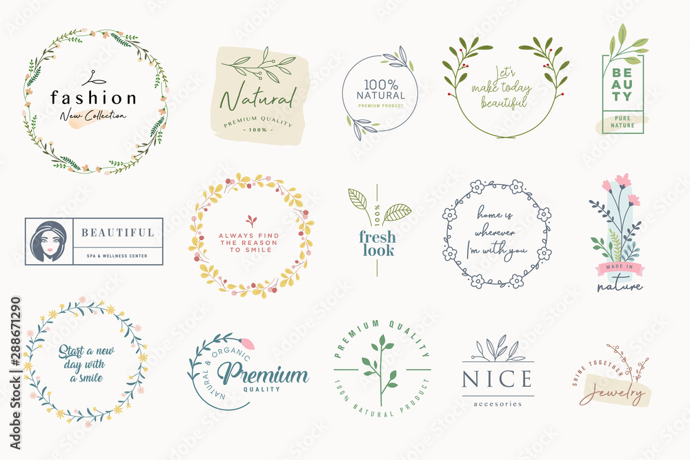 Set of elegant badges and stickers for beauty, natural and organic products, cosmetics, spa and wellness, fashion, jewelry, wedding. Vector illustrations for graphic and web design, marketing material