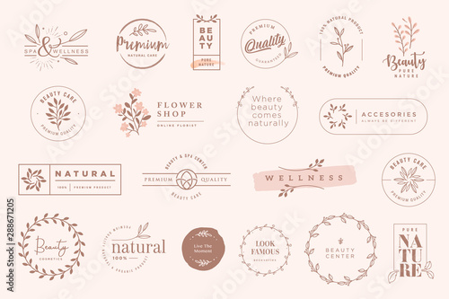 Set of vintage labels and badges for beauty, natural and organic products, cosmetics, spa and wellness, fashion. Vector illustrations for graphic and web design, marketing material, product promotions photo