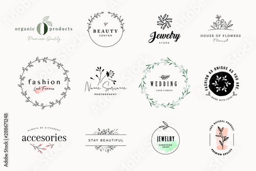 Set of elegant signs and badges for beauty, natural and organic products, cosmetics, spa and wellness, fashion, wedding and jewelry. Vector illustrations for graphic and web design, marketing material