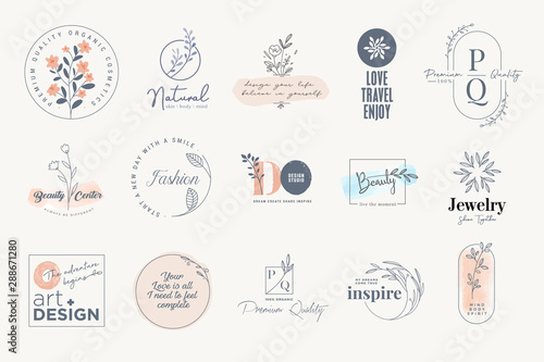 Set of elegant labels and badges for beauty, natural and organic products, cosmetics, spa and wellness, fashion, jewelry, art. Vector illustrations for graphic and web design, marketing material.