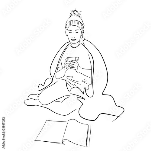 Young woman wrapped in blanket reads book. Lagom and hugge concept. Cozy scandinavian lifestyle scene. Female silhouette in warm socks, sweater and hat with cup of coffee. Black lines drawing.