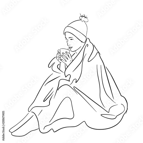 Young woman wrapped in blanket with cup of coffee. Lagom and hugge concept. Cozy scandinavian lifestyle scene. Female silhouette in warm socks and hat. Black lines drawing. Hand drawn style.