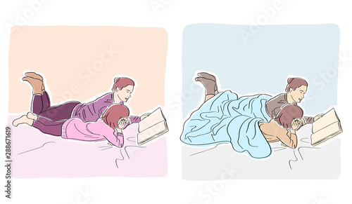 Mother and child read a book. Family home scene. Cozy lifestyle. Mom and kid in warm socks, sweater lie with book. Hand drawn style. Isolated black contour and colors. Set of vector flat illustration.