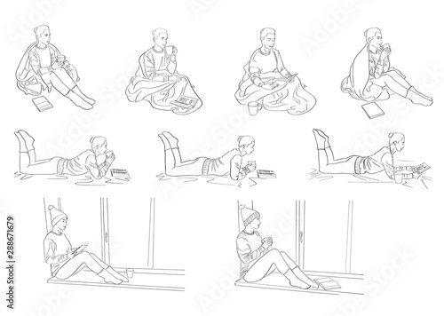 Set of young women wrapped in blanket read book or drink coffee. Lagom and hugge concept. Cozy scandinavian lifestyle scene. Female silhouettes in warm socks, sweaters and knitted hats with mug or cup