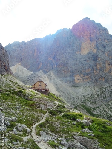 The peaks of the Dolomites of the Sassolungo Massif immersed in the clouds and in the nature of Trentino - Alto - Adige, Near the town of Canazei, Italy - August 2019.