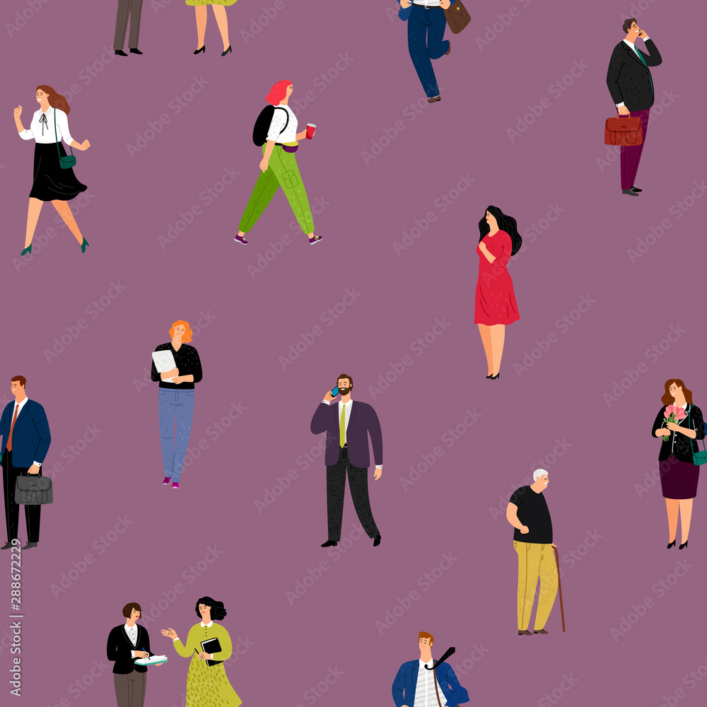 People seamless pattern. Casual and business people characters walking and talking, vector illustration