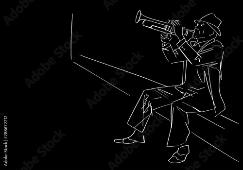 Silhouette of saxophone player. Hand drawn jazz illustration. Black and white musical sketch. Monochrome drawing. Vector isolated contour.