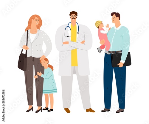 Family doctor. Family with therapist. Parents kids patients and pediatrist vector characters