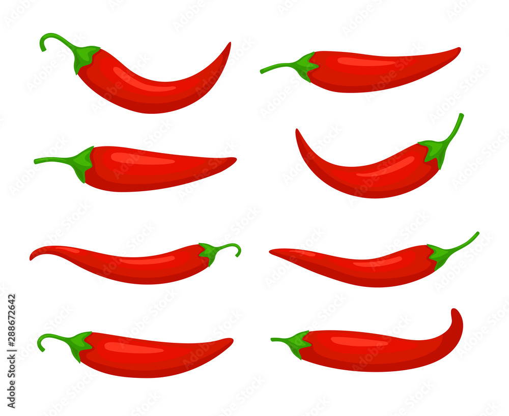 Closeup chilly pepper. Hot red chili peppers, cartoon mexican chilli or chillies illustration, vectors paprika icon signs isolated on white background Closeup chilly pepper. Hot red chili peppers, cartoon mexican chilli or chillies illustration, vectors paprika icon signs isolated on white background