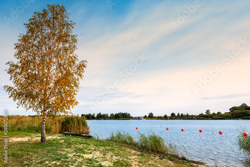 Public resting and swimming area on a riverside beach, Europe