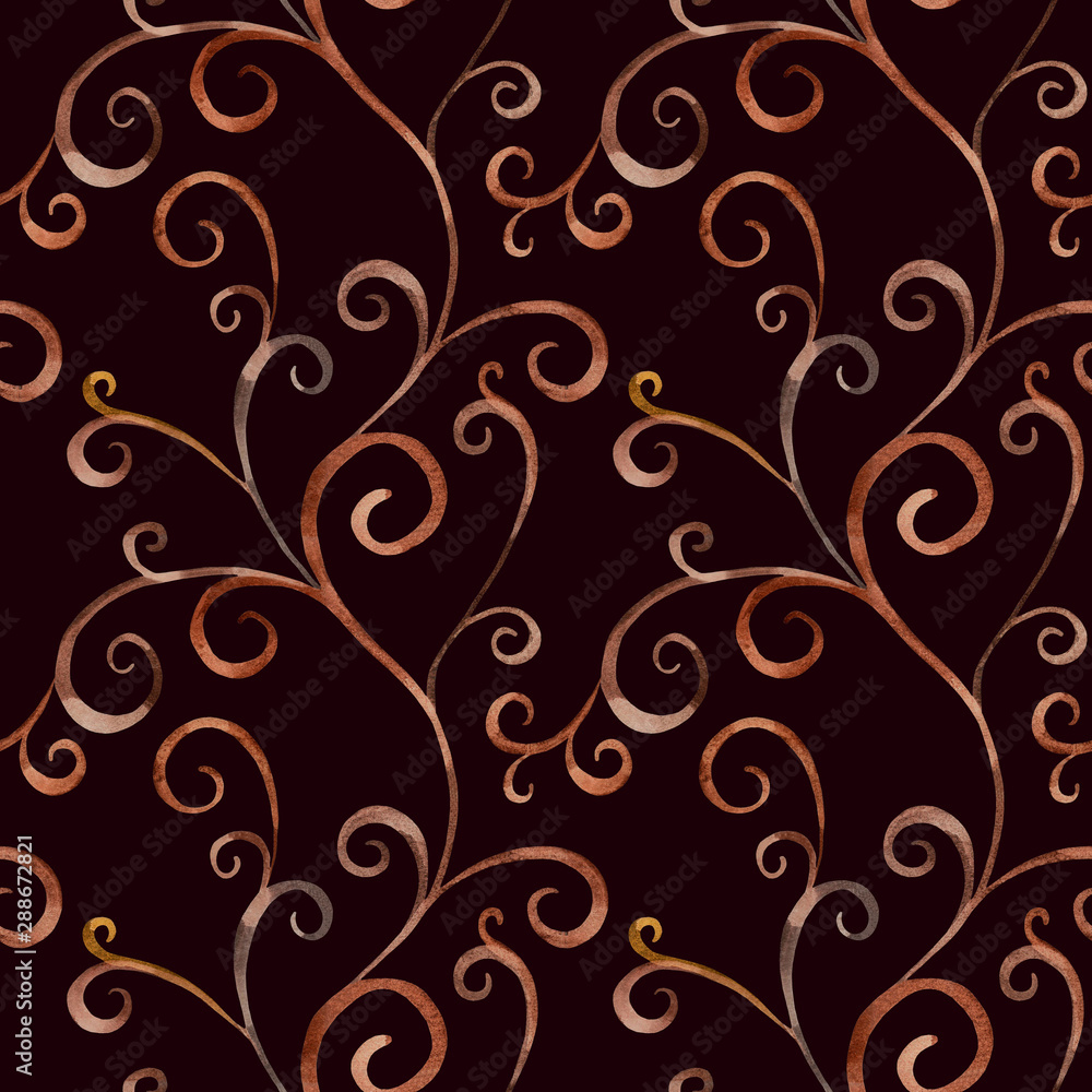 Abstract ornament with curls. Hand drawn watercolor seamless pattern on brown background