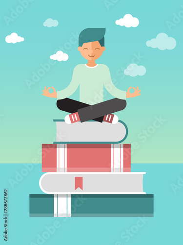 Man sitting lotus pose on stack of books with bookmarks. Self education and self control vector illustration. Educational process.