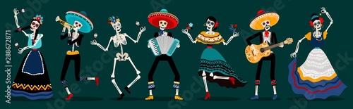 Day of the dead skeletons party. White sugar skull skeleton characters, dancing and music playing dead mexican ancestors vector illustration