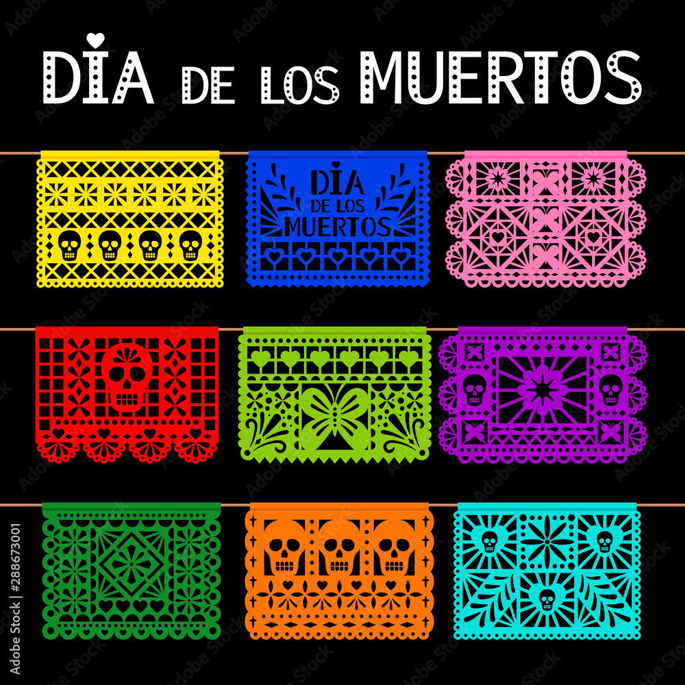 Papel picado. Mexican hanging pecked perforated paper decoration flags for  for day of the dead, dia de los muertos, party, vector illustration Stock  Vector | Adobe Stock
