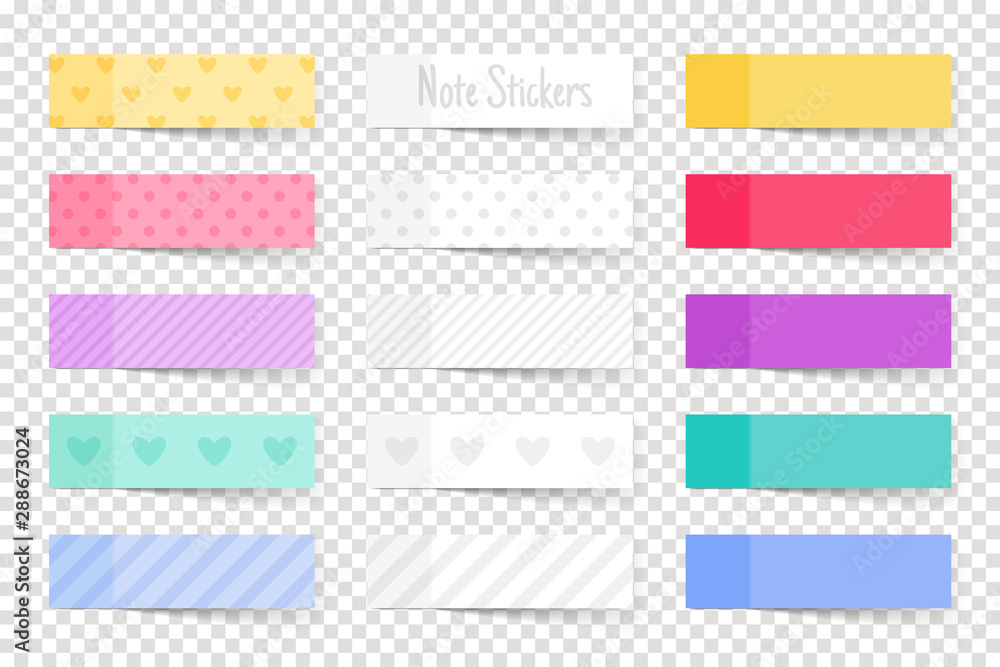 Note paper sticks. Colourful papers notes, coloured memo stickers isolated on transparent background, colour reminder tapes vector illustration Note paper sticks. Colourful papers notes, coloured memo stickers isolated on transparent background, colour reminder tapes vector illustration