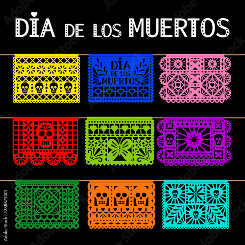 Papel picado. Mexican hanging pecked perforated paper decoration flags for for day of the dead, dia de los muertos, party, vector illustration