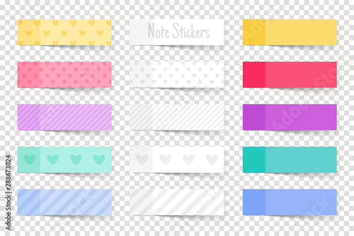Note paper sticks. Colourful papers notes, coloured memo stickers isolated on transparent background, colour reminder tapes vector illustration