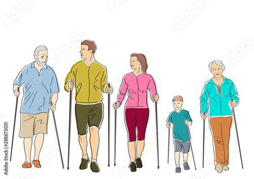 Nordic or scandinavian walking. Safe fitness for family and old people. Female, male and child silhouettes with sticks. Black isolated contour of parents, grandparents and kid.