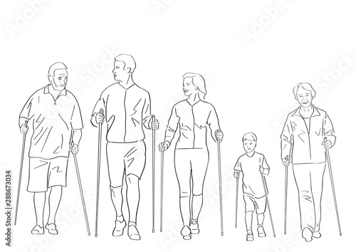 Nordic or scandinavian walking. Safe fitness for family and old people. Female, male and child silhouettes with sticks. Black isolated contour of parents, grandparents and kid. Hand drawn style.