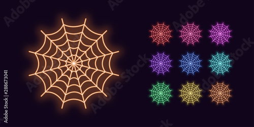 Neon Spider web, Festive Halloween decoration. Colorful Set of Neon Cobweb