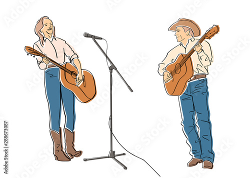 Two country musicians play guitar. Male and female guitar players in cowboy hats and in jeans. Black isolated contour and colors. Hand drawn style. Vector element. Colorful flat illustration.