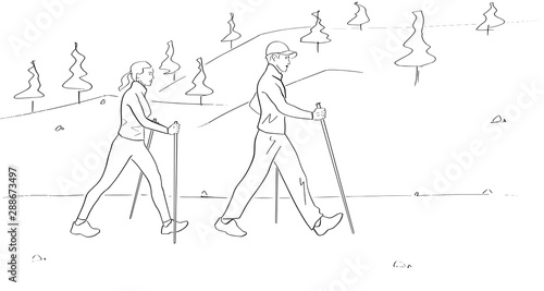 Nordic or scandinavian walking in park. Female and male silhouettes with sticks in profile go along the path. Safe fitness. Black isolated contour. Hand drawn style. Vector outline. Graphic element.