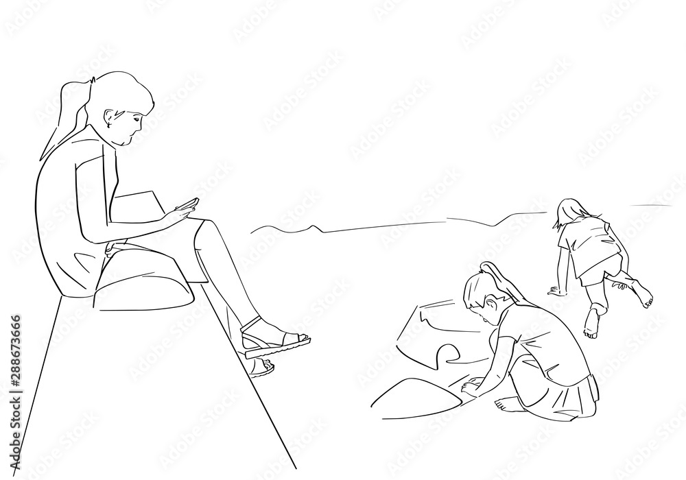 Two kids play with sand on the playground under mom's supervision. Mother reads a book on the bench. Black isolated contour. Hand drawn style. Vector outline. Graphic element.