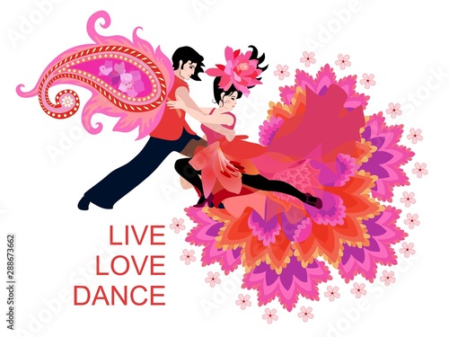 Cute card with tango dancers in bright fantasy costumes, decorated paisley and flowers. International Dance Day. Concert poster. Musical party. Carnival.