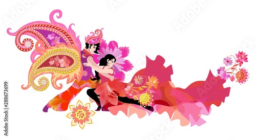 Carnival. Young man with wings in shape of paisley and woman in red dress, decorated beautiful flowers, dancing tango. International dance day. East and West.