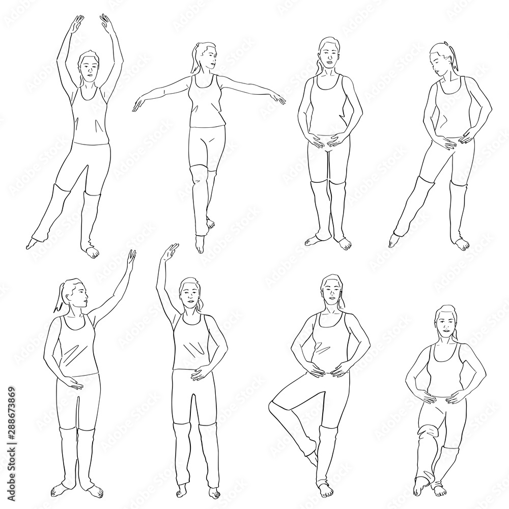 Set of body ballet poses. Female silhouette in leggings. Contemporary and popular fitness. Hand drawn outlines. Black lines drawing. Vector isolated contour.