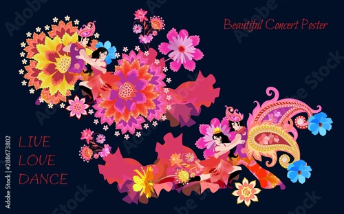 Two dancing couples, decorated flowers and paisley, isolated on dark background. Beautiful concert poster. International Dance Day. Text" Live, Love, Dance". Synthesis of West and East.