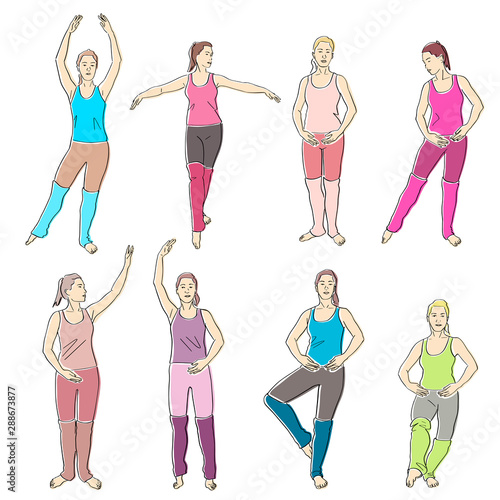 Set of body ballet poses. Female silhouettes in leggings. Contemporary and popular fitness. Vector flat illustration. Isolated hand drawn black contour and colors.