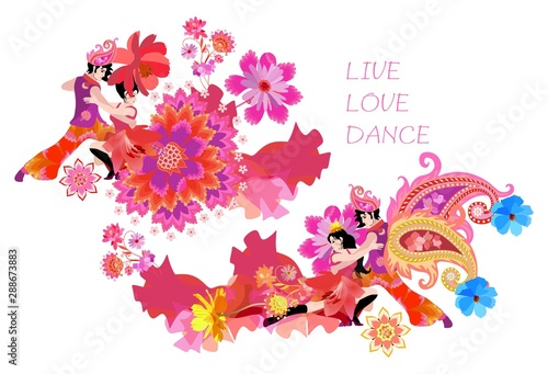 Two dancing couple decorated flowers and paisley, isolated on white background. Beautiful concert poster. International Dance Day. Text" Live, Love, Dance". Synthesis of West and East.