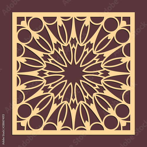 Laser cutting panel. Golden floral pattern. Gift or favor box silhouette ornament. Vector coaster design for metal, wood, paper work.