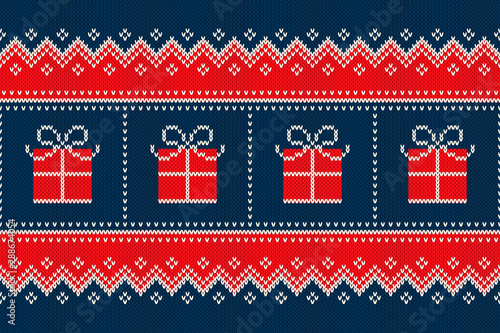 Christmas Holiday Seamless Knitted Pattern with a Present Boxes. Nordic Sweater Design. Wool Knit Texture Imitation.