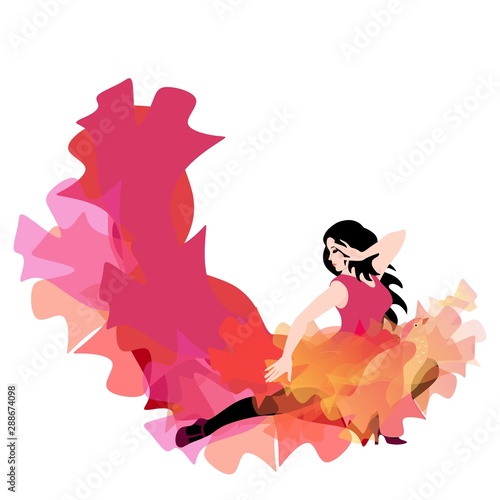 Young caucasian girl in long dress with hem in shape of flying bird and flame , dancing flamenco, salsa, bachata or tango, isolated on white background. Beautiful design element for concert poster. photo