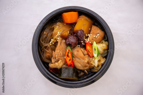 Korean chicken food with soy sauce, Jjimdak