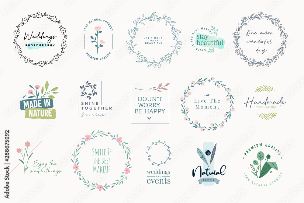 Set of elegant signs and badges for beauty, natural and organic products, cosmetics, spa and wellness, fashion, jewelry, wedding. Vector illustrations for graphic and web design, marketing material.