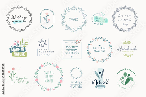 Set of elegant signs and badges for beauty, natural and organic products, cosmetics, spa and wellness, fashion, jewelry, wedding. Vector illustrations for graphic and web design, marketing material.