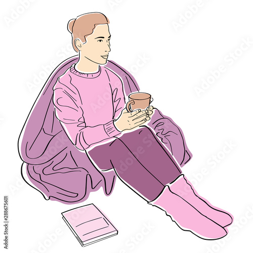 Young woman wrapped in blanket reads book. Lagom and hugge concept. Cozy scandinavian lifestyle scene. Girl in warm sweater with cup of coffee. Hand drawn style. Vector flat illustration.