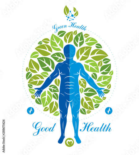 Vector illustration of human, athlete surrounded by green tree leaves and composed with wireframe mesh symbol. Individual as the link between nature and scientific achievements.