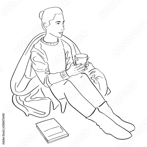 Young woman wrapped in blanket drinks coffee. Lagom and hugge concept. Cozy scandinavian lifestyle scene. Female silhouette in warm socks, sweater with cup of tea and book. Hand drawn style.
