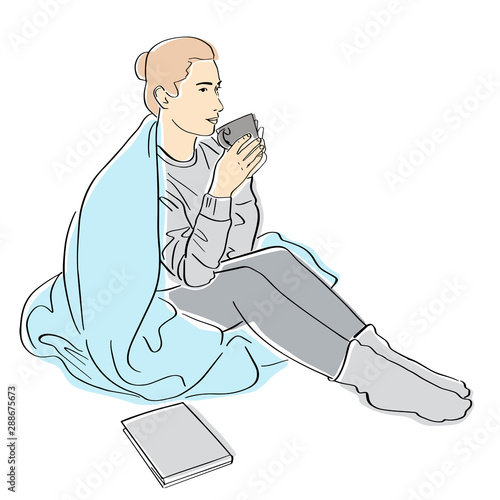 Young woman wrapped in blanket drinks coffee. Lagom and hugge concept. Cozy scandinavian lifestyle scene. Girl in warm socks, sweater with cup of tea and book. Hand drawn style.