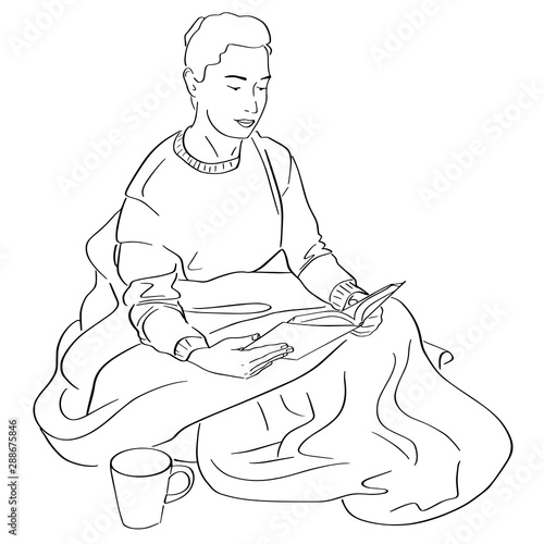 Young woman wrapped in blanket reads book. Lagom and hugge concept. Cozy scandinavian lifestyle scene. Female silhouette in warm sweater with cup of coffee. Black lines drawing. Hand drawn style.