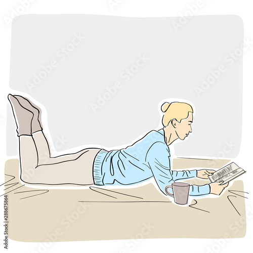 Young woman in warm sweater and socks lies with book and cup of coffee. Lagom and hugge concept. Cozy scandinavian lifestyle scene. Vector flat illustration. Hand drawn style.