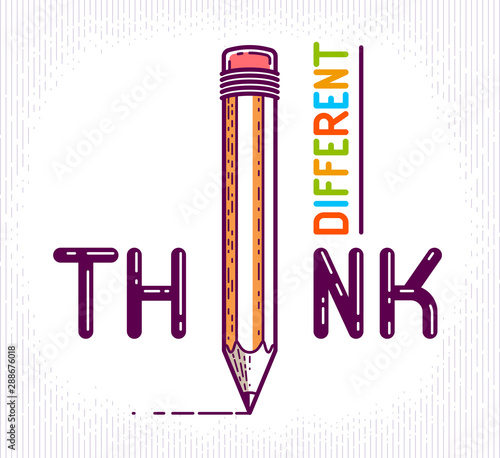 Think different word with pencil instead of letter I, ideas and brainstorm concept, vector conceptual creative logo or poster made with special font.