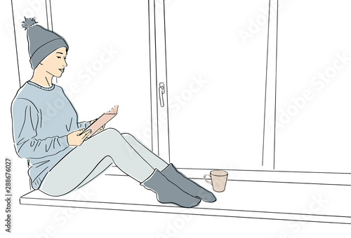 Young woman in sweater and knitted hat sits on windowsill with cup of coffee and reads book. Lagom and hugge concept. Cozy scandinavian lifestyle scene. Vector flat illustration. Hand drawn style.