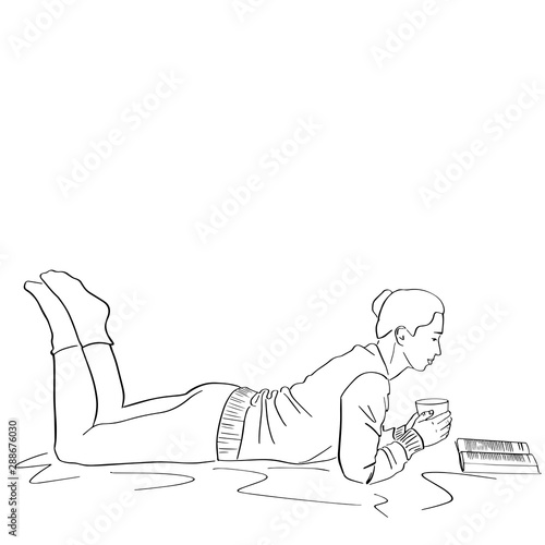 Young woman lies on the floor with cup of coffee and book. Lagom and hugge concept. Cozy scandinavian lifestyle scene. Female silhouette in a warm sweater and socks. Black lines drawing. 