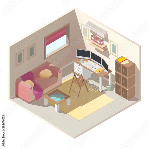Small apartment room interior with workplace, comfortable sofa, glass coffee table, computer monitors on desk, cabinets for papers, bookshelves and picture frames on wall isometric vector illustration